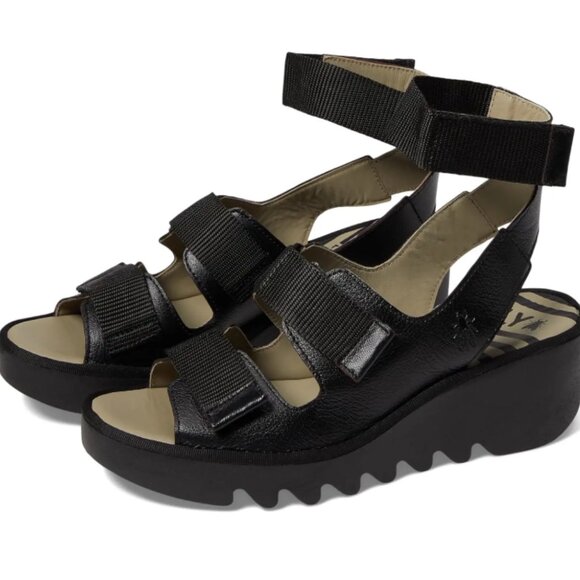 new FLY LONDON Made In Portugal Leather Bech Comfort Wedge Sandals in pe… - Picture 2 of 4